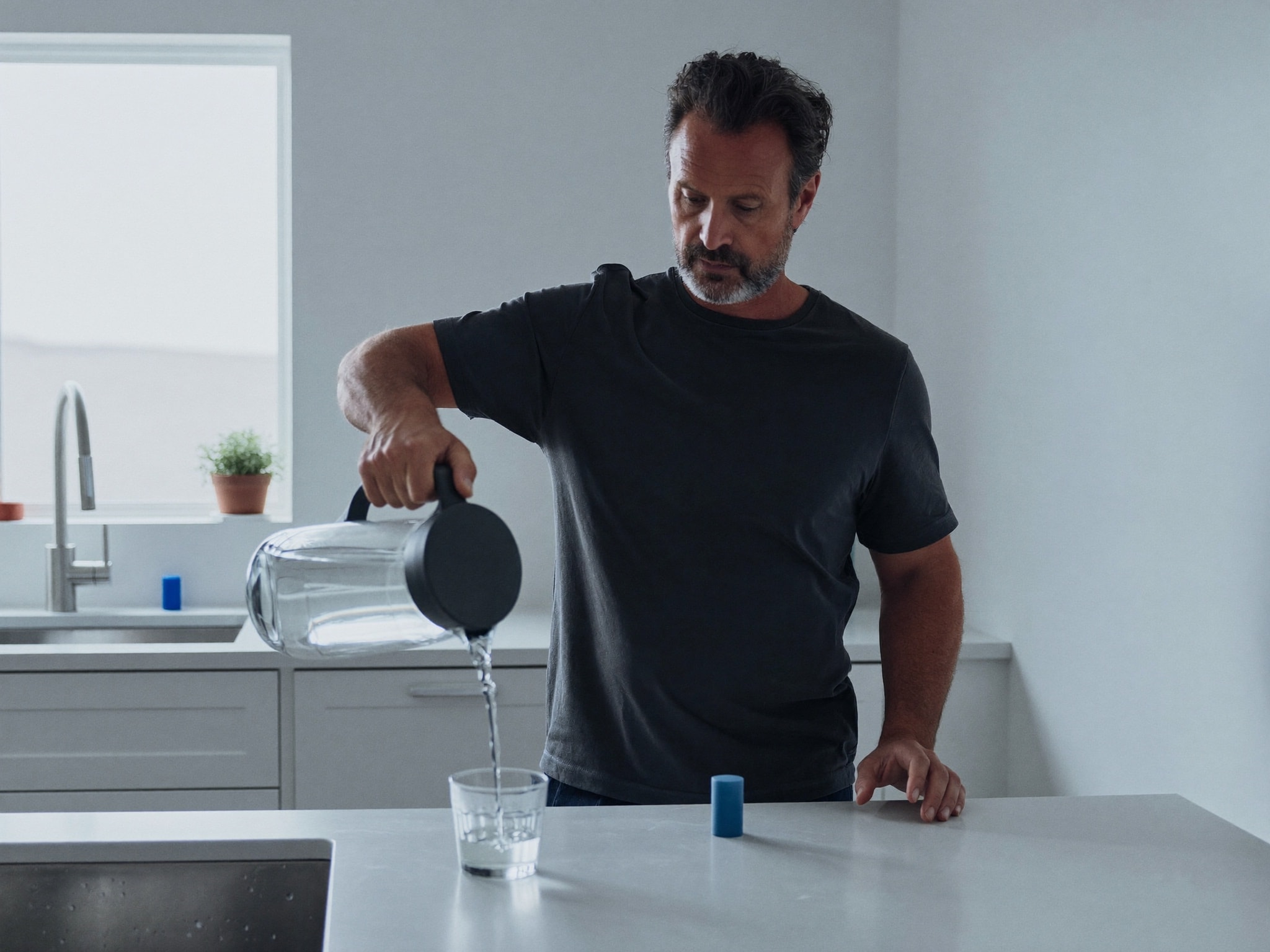 Man pouring a glass of water at a bright kitchen counter