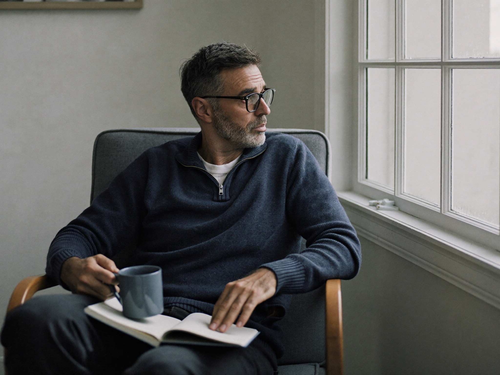 Man sitting by a window at home with an open notebook and a mug