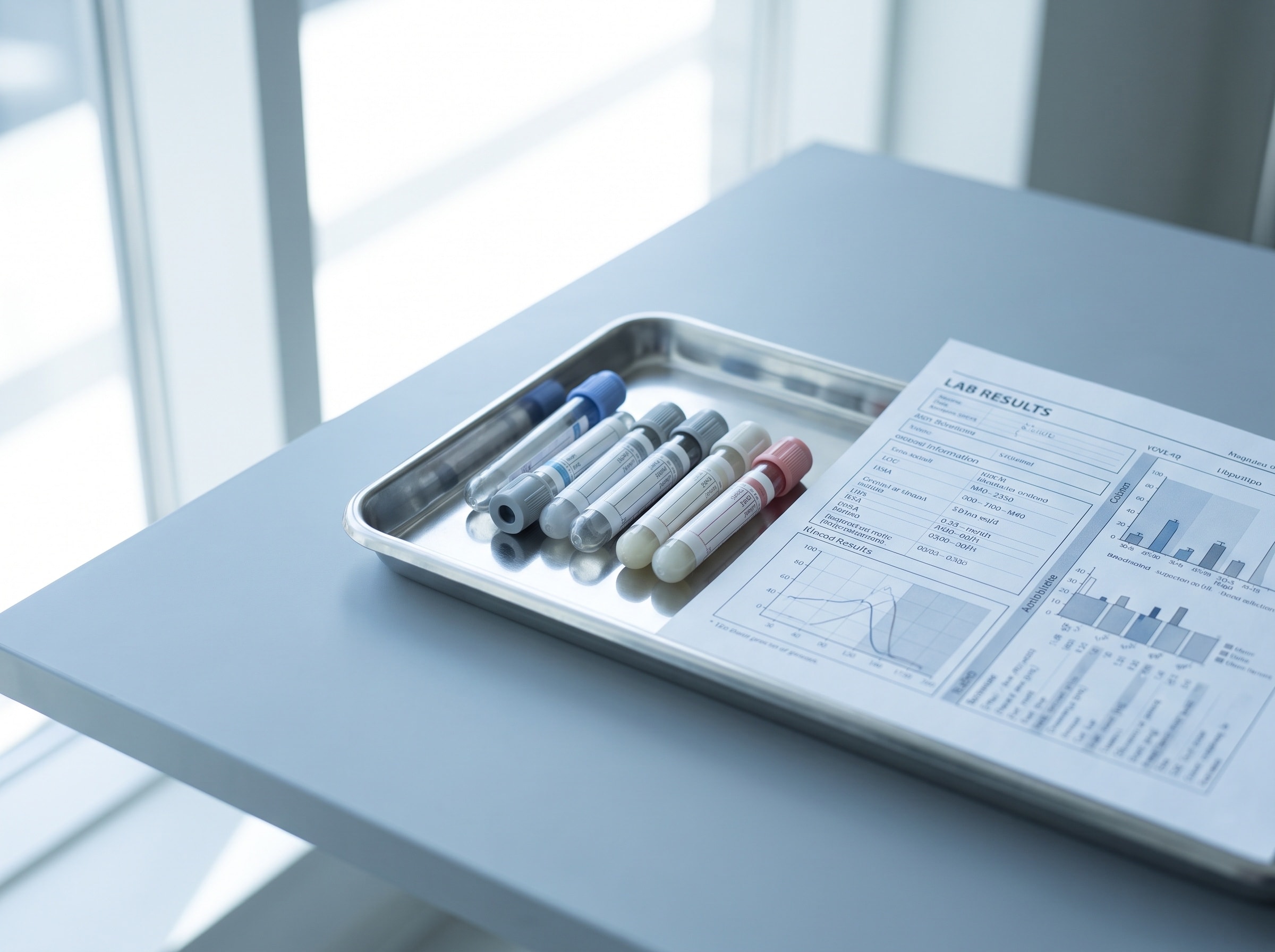 Blood-draw collection vials on a stainless tray beside a printed lab results panel