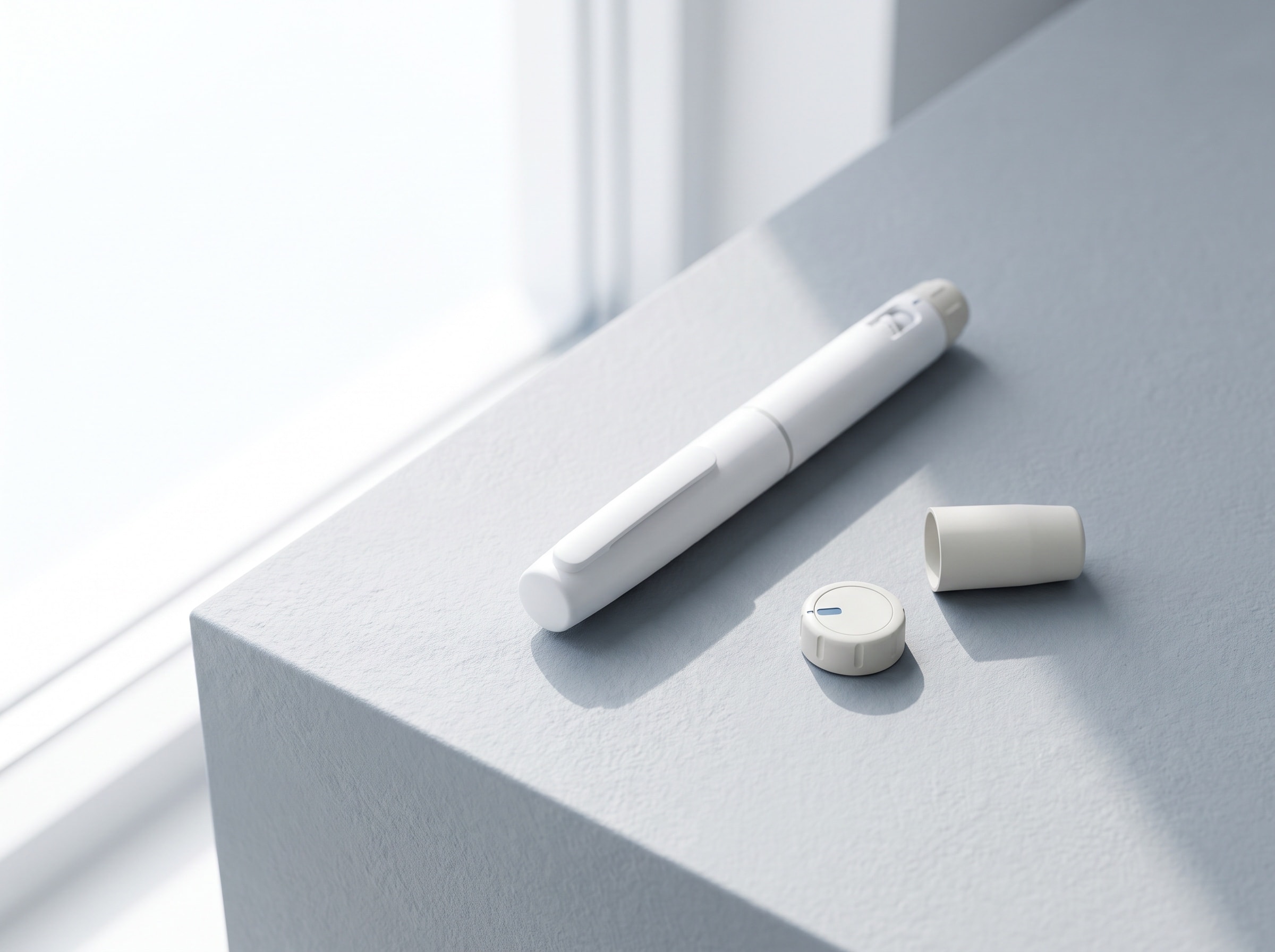 A medical injector pen beside its cap on a pale surface