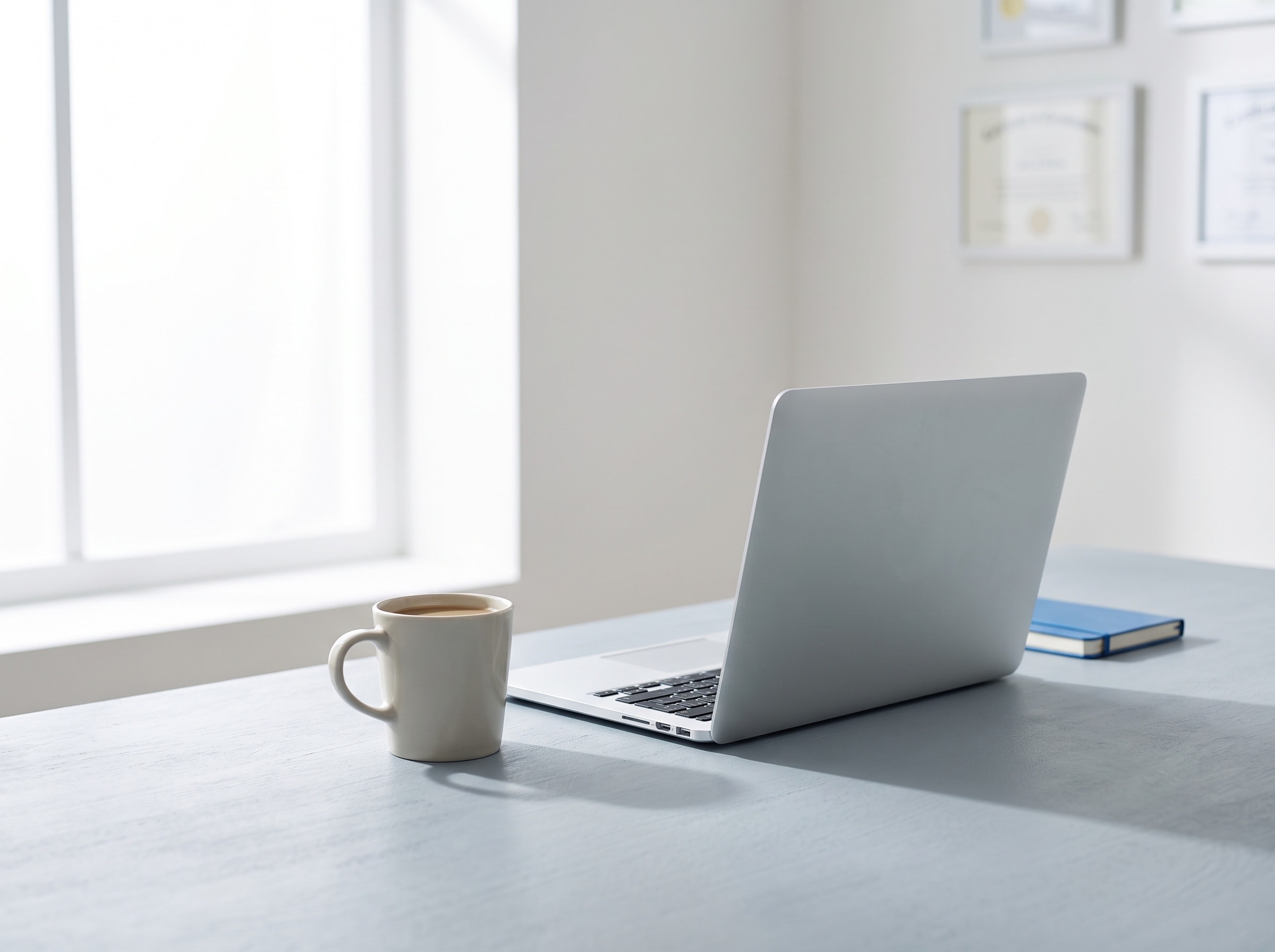 An untouched cup of coffee beside a closed laptop on a desk in late afternoon light
