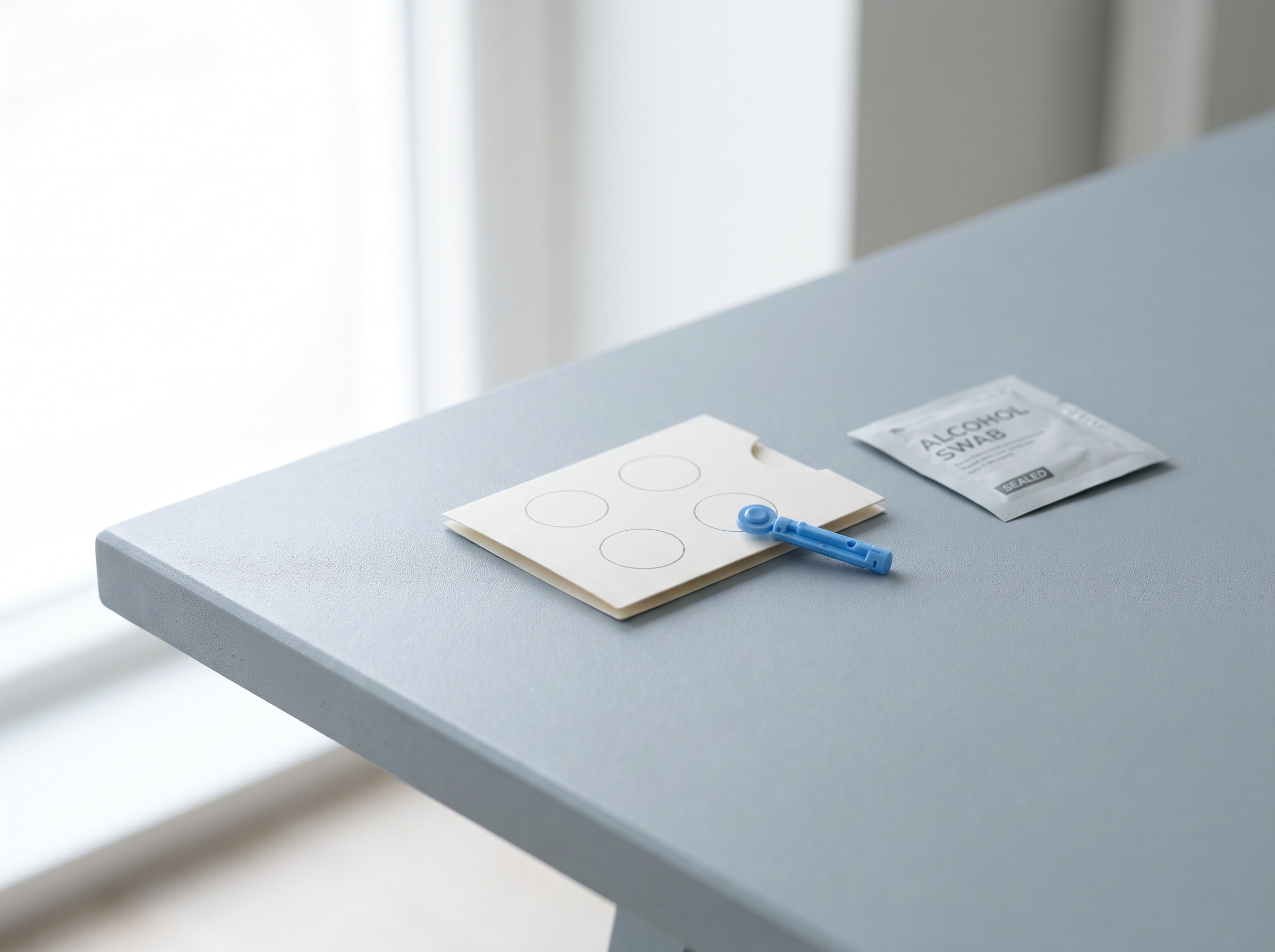 A dried blood spot collection card beside a lancet and an alcohol swab