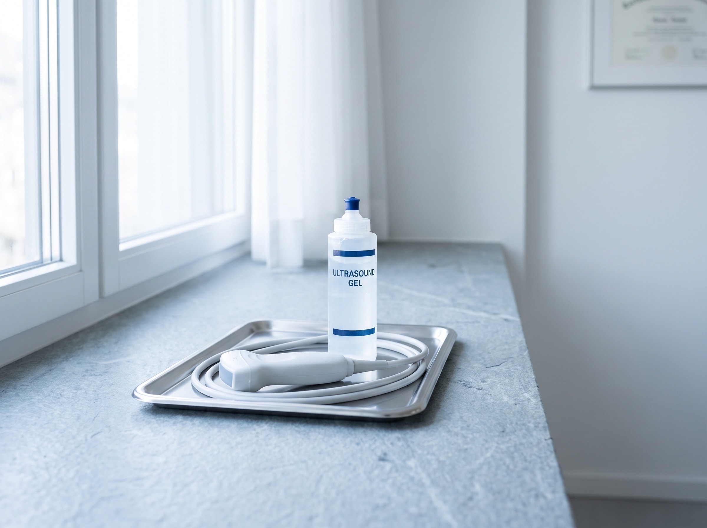 An ultrasound probe and a bottle of gel on a stainless tray