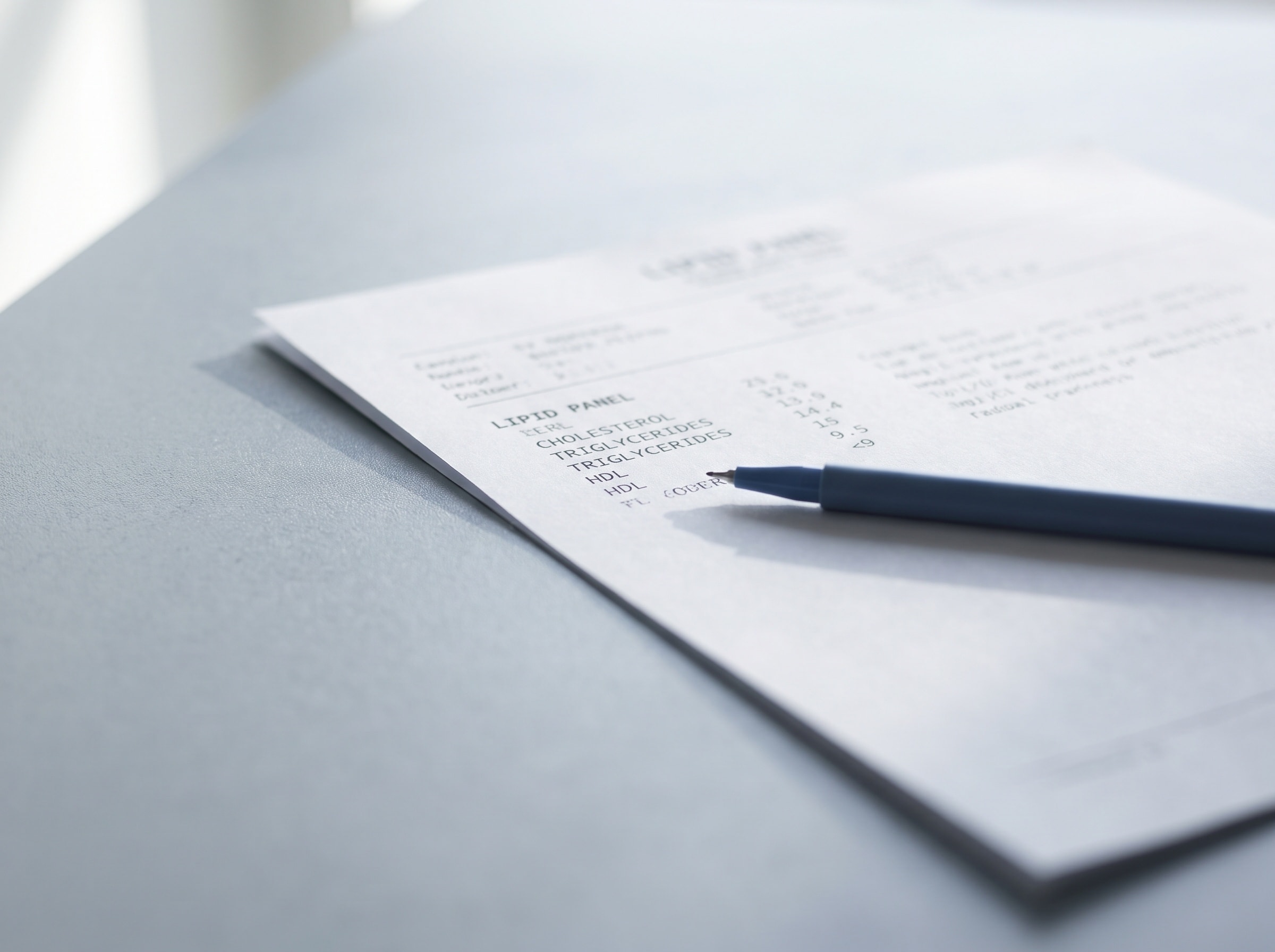 A printed lipid panel report page under a pen, type softly out of focus