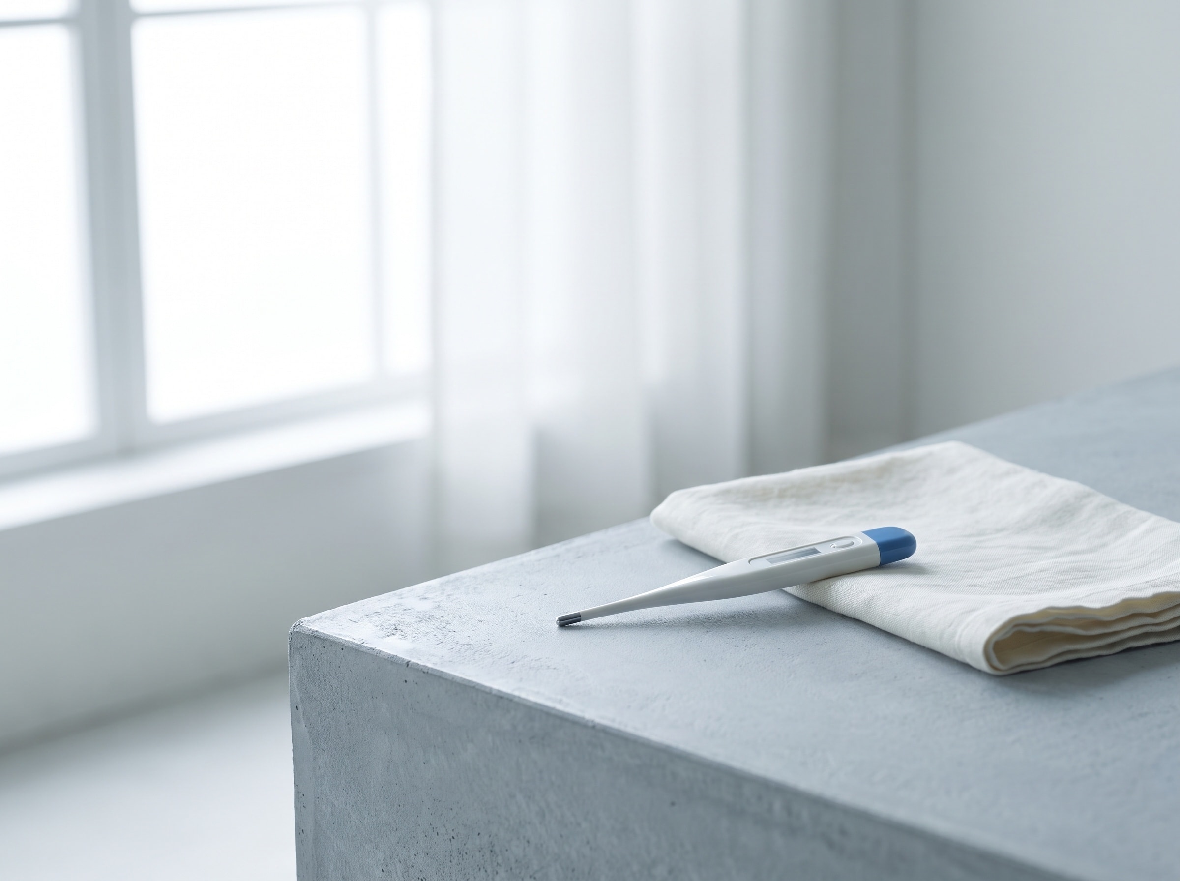 A digital basal thermometer resting beside a folded cloth on a bedside surface