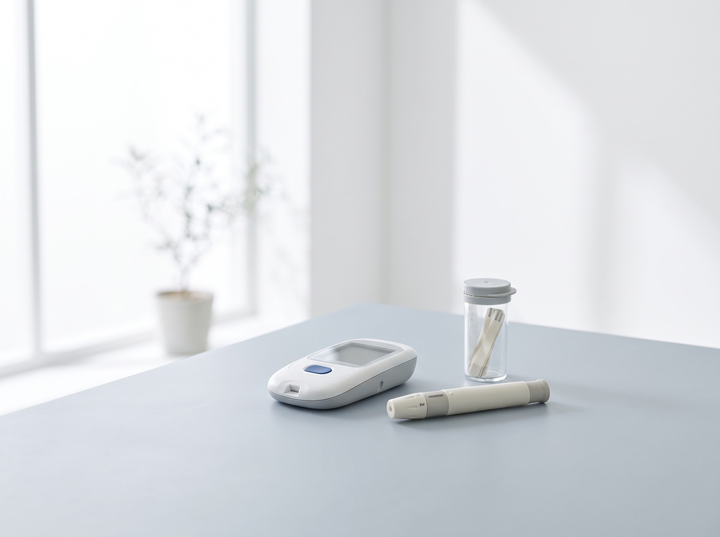 A glucometer with a lancet pen and a vial of test strips
