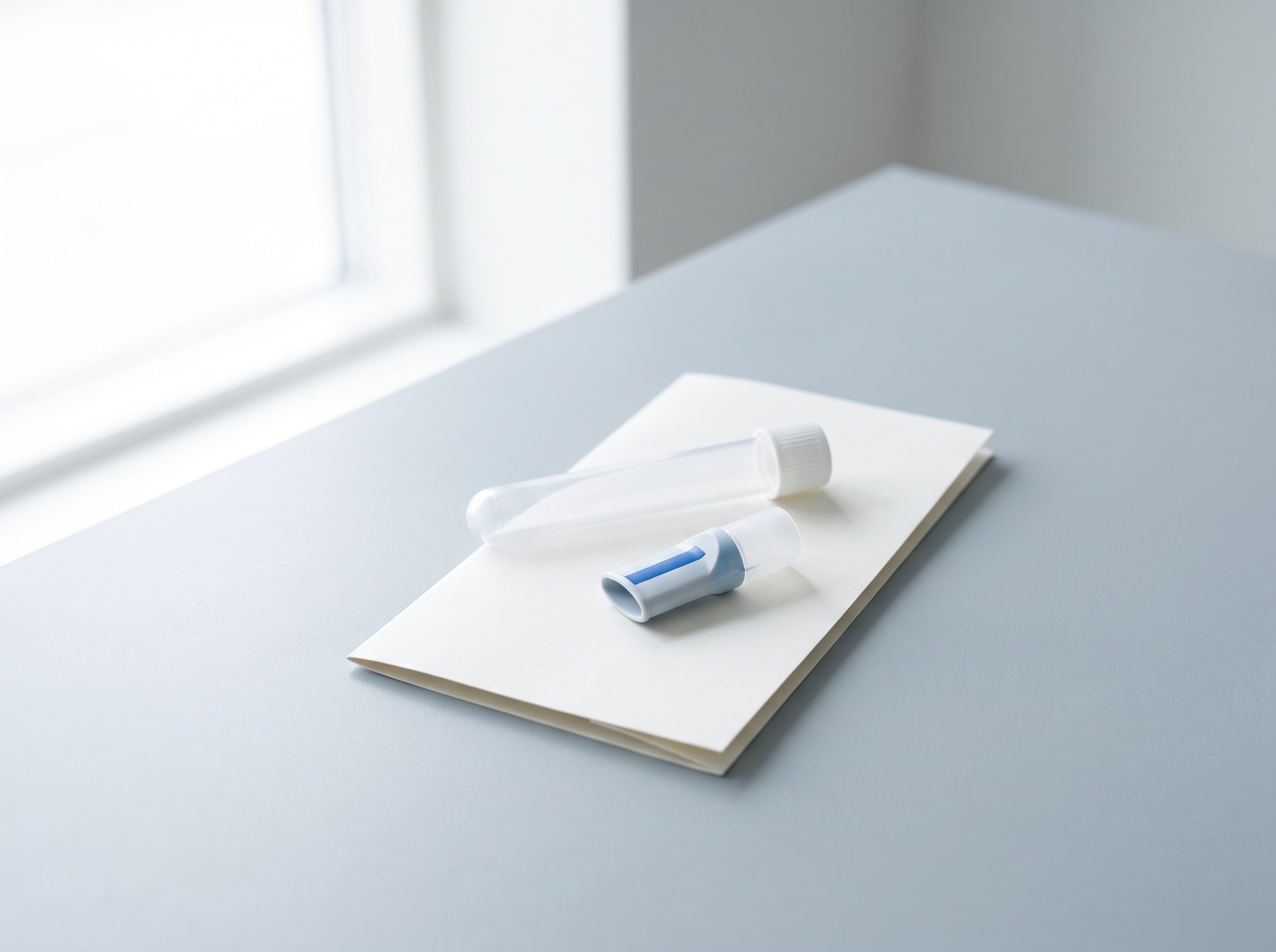 A breath-test sample tube and mouthpiece resting on a folded card