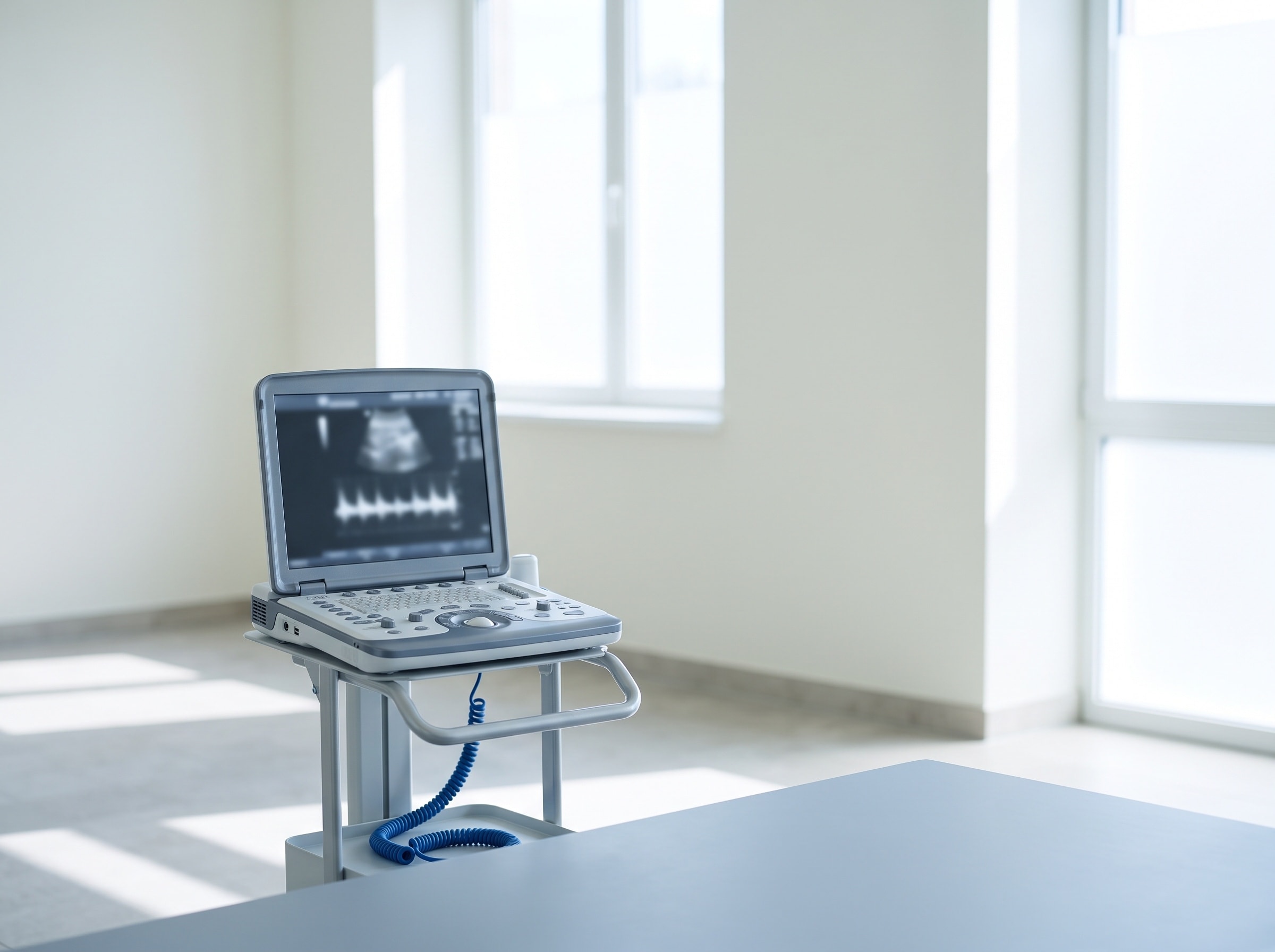 An ultrasound monitor with a greyscale scan on screen in a bright empty room