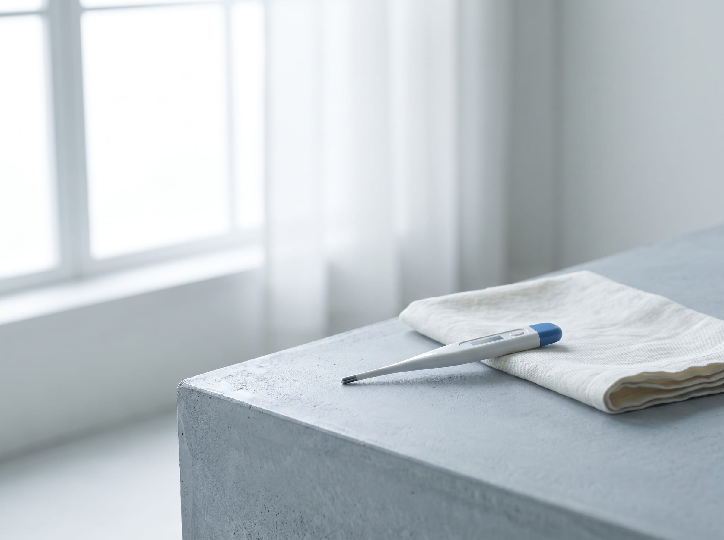 A digital basal thermometer resting beside a folded cloth on a bedside surface