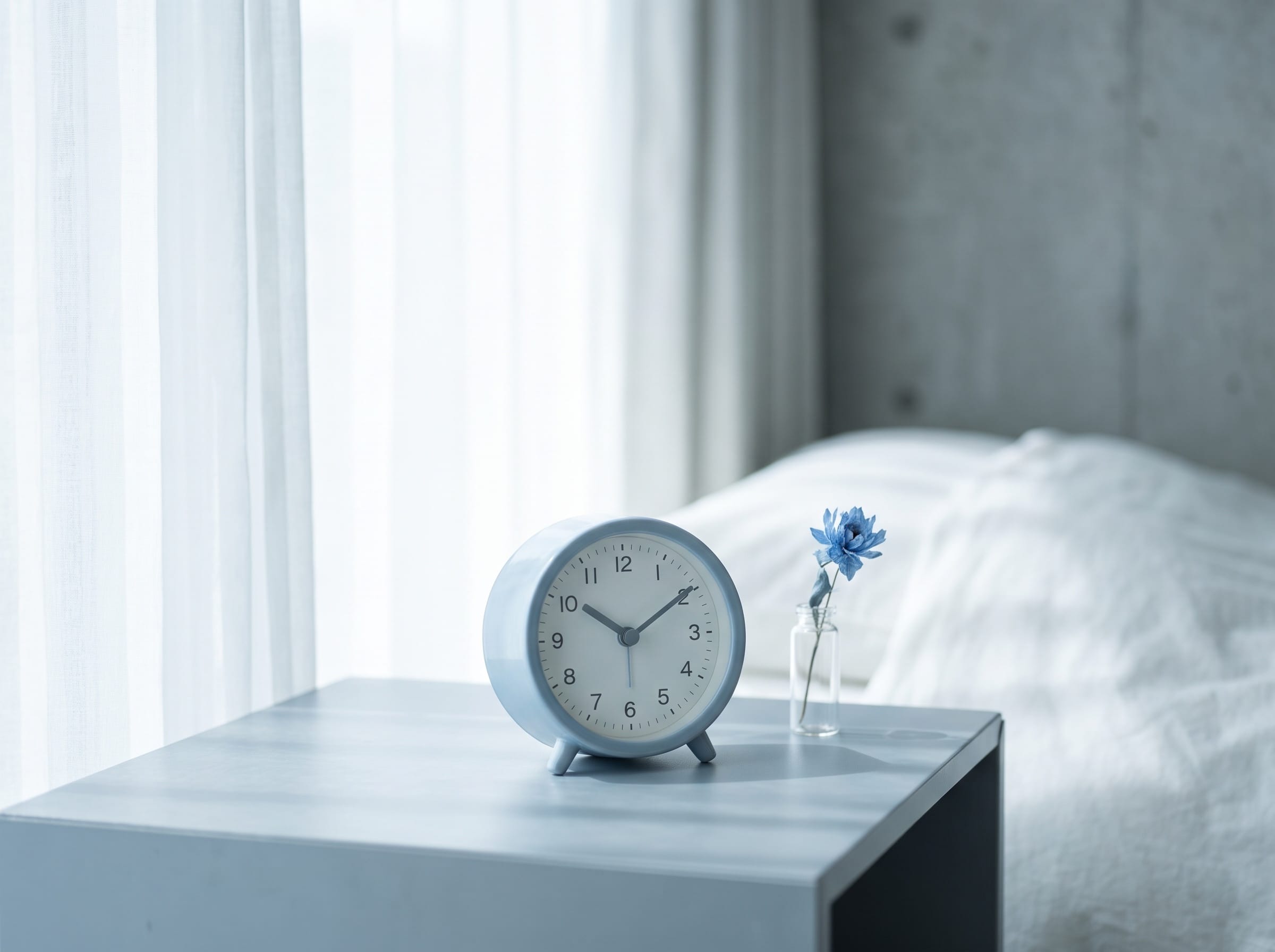 A small analog alarm clock on a bedside table in early-morning light