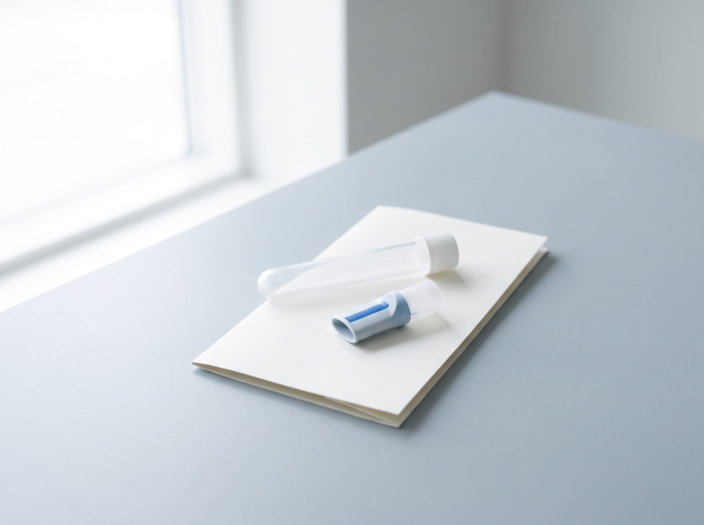 A breath-test sample tube and mouthpiece resting on a folded card